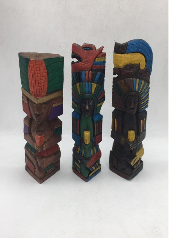 Lot of (3) Mexican Aztec-style Hand-carved wood Totems