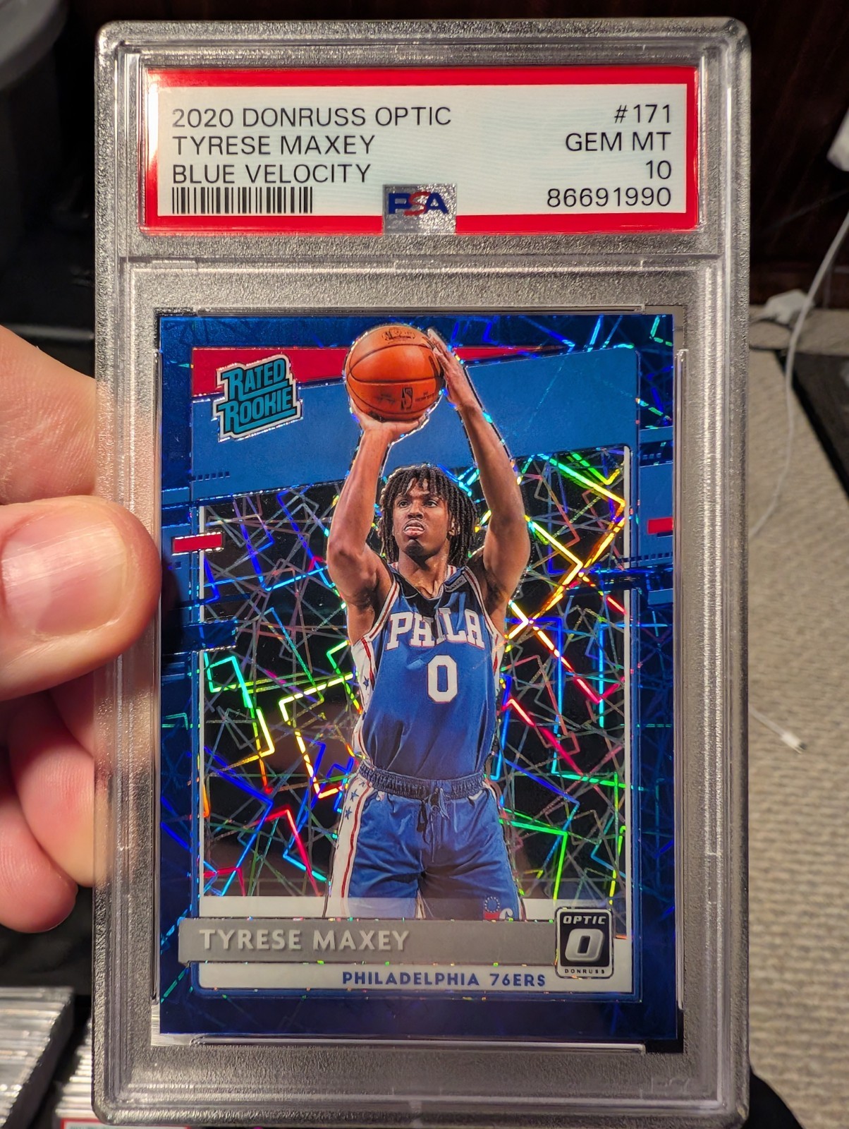 2020 Donruss Optic Tyrese Maxey Blue Velocity Rated Rookie #171 PSA 10