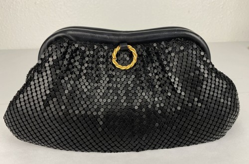 VTG Whiting & Davis Black Mesh Clutch Purse Shoulder Bag Evening Gold Tone