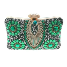 Gold Tone Fashion Satin Fabric Clutch Evening Bag With Rhinestone TLX190-GRN