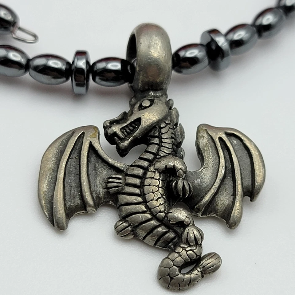 Silver Tone Dragon Pendant Hematite Memory Wire Choker Necklace 16 Inch - Image 2 of 4