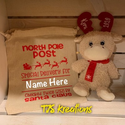 Personalized Reindeer Moose With Personalized Santa Sack  (Chocolate Scented!!)