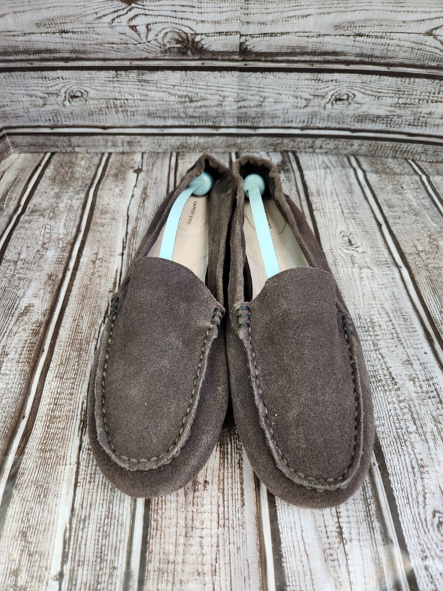 Lands' End Women’s Suede Leather Moccasin Slippers English Brown 10 Slip On