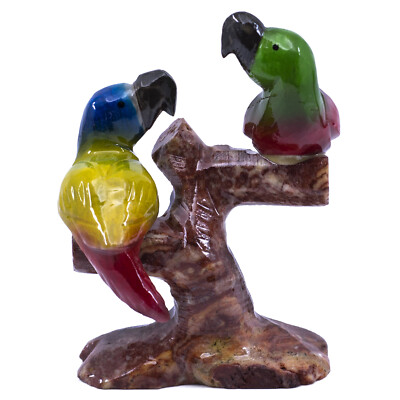 Hand Carved Marble Stone Macaw Parrots On Branch Figurine Carving 3.5'' High