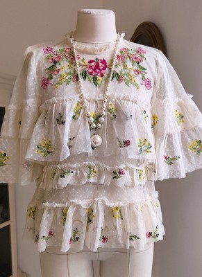 Rare Zara Premium Romantic Polka Dot Veil Embroidered Ruches Boho Blouse 