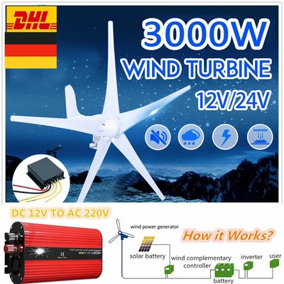 3000W 12/24/48V Windkraftanlage Windgenerator Turbine Windrad 5 Klinge Inverter