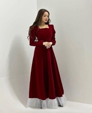 Fashion Long Maroon Velvet Fit  Flare Dress Bridal Bridesmaid Wedding Ball Gown