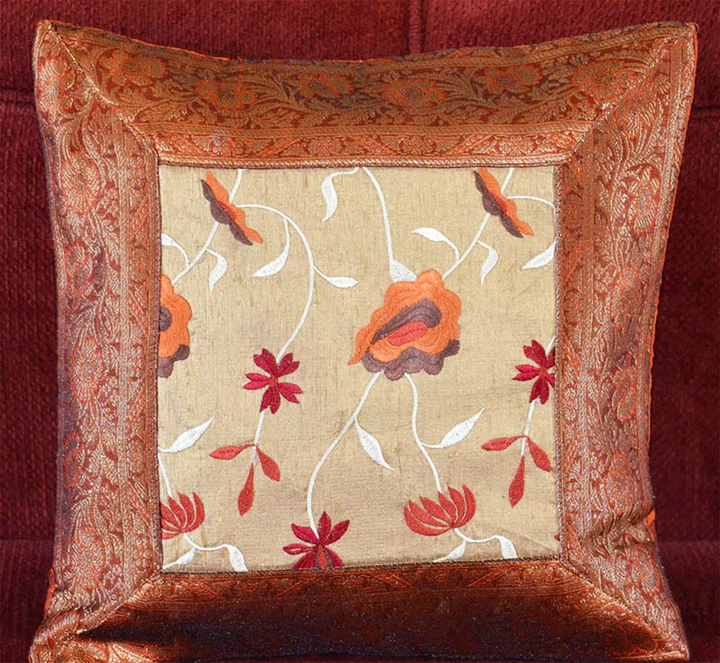 Par de (dos) fundas de almohada brocado hechas a mano bordadas seda naranja oscuro ¡India! Foto 4 de 4