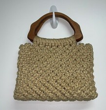Vintage 70's Handmade Macrame Handbag Purse Tote Tan Boho Hippie Wood Handles