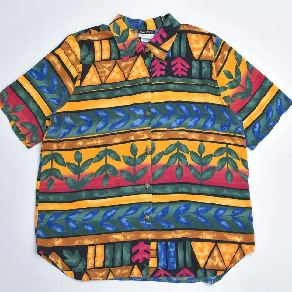 Camisa Caliche Manga Corta Patrón Total Arte Diseño Geométrico Hoja Usada GRIN-0 Foto 4 de 4