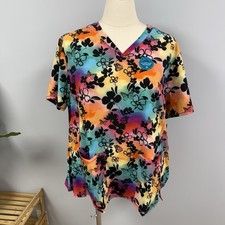 NWT Cherokee Scrub Top 3X Black Floral  Butterflies Rainbow Background Scrubs