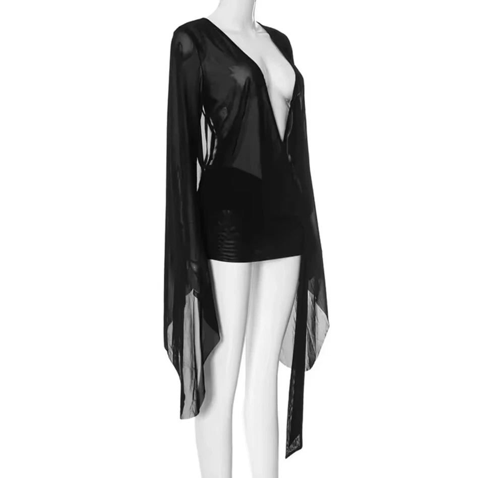 Mini Vestido Negro Malla Transparente Manga Larga Y2K Grunge Espalda Abierta Ver a Través Foto 4 de 4