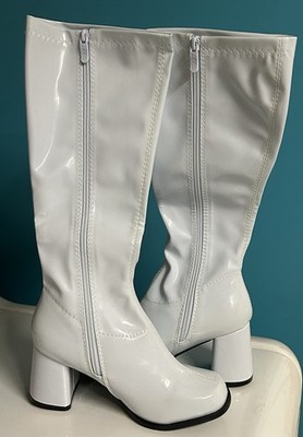 NEW 60s Retro White Patent Leather Gogo High Heel Boots 7 Dance Costume MOD