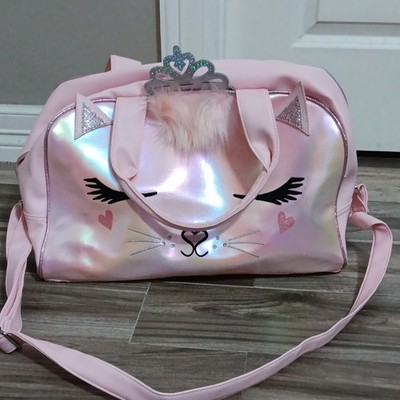 OMG Accessories Pink Cat Duffle Gym Bag Faux Leather Glitter Zip Strap M