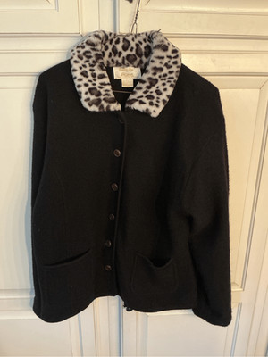 Vintage Tally Ho 100% Wool Black Button Up Cardigan Sweater Sz L
