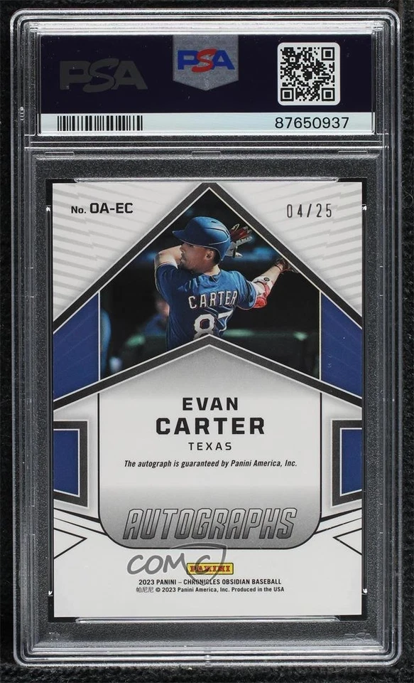 2023 Chronicles Obsidian Electric Etch Purple /25 Evan Carter PSA 10 GEM MT Auto - Image 2 of 2