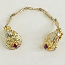 Vintage Gold Tone Shell Sweater Guard Red Rhinestone Cardigan Clip Chain 5.5"