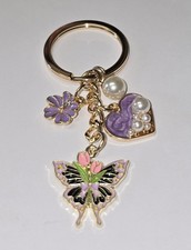 Purple Butterfly Flower Heart With Pearls Goldtone Purse Charm Keychain Gifts...