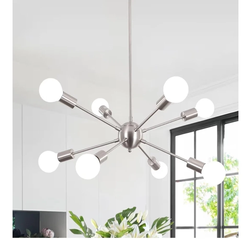 8 Lights Sputnik Chandelier Brushed Nickel Chandelier Mid Century Modern Silver - Image 2 of 3