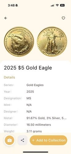 United States Mint 2025 $5 American Gold Eagle 1/10 oz 0.9167 Gold Coin APMEX