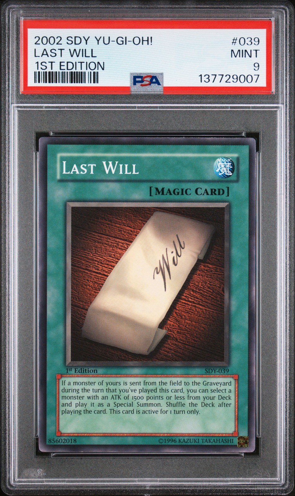 2002 YU-GI-OH! STARTER DECK: YUGI 1ST ED #039 LAST WILL PSA 9