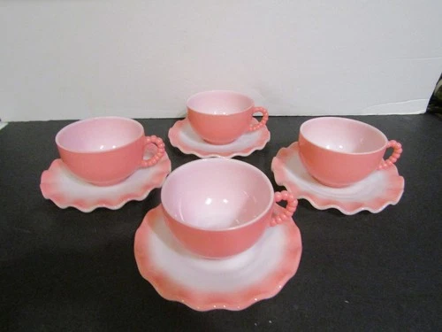 Vintage Hazel Atlas Crinoline Pink Ruffled Milk Glass Teacups & Saucers Set Of 4