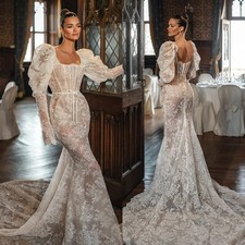 Elegant Backless Mermaid Wedding Dress Long Sleeved Square Neck Bridal Gown
