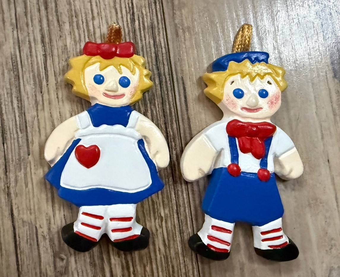 Vintage Pair of Raggedy Ann and Andy Ceramic Christmas Tree Ornaments 4 Inches
