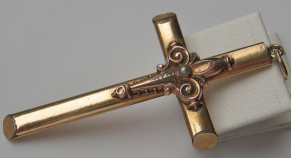 Kreuz Anhänger aus Double Gold Anhänger Gelbgold Kruzefix Perle Goldkreuz ♛ 7667