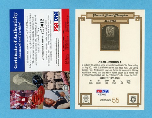 Carl Hubbell NY Giants HOFer Signed Donruss Grand Champion 3.5 x 5" Card PSA DNA - Picture 2 of 2