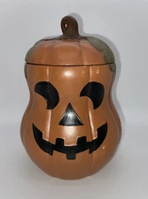 Byron Molds Ceramic JACK O LANTERN FACE Pumpkin w/Lid - TREAT Jar Vtg 1985