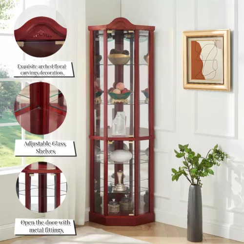 Lighted Curio Cabinet Corner Display Cabinet w/ Adjustable Glass Shelves - Picture 5 of 40