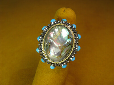 BARBARA BIXBY ABALONE DOUBLETTE TÜRKIS EDELSTEIN GRÖSSE 6 BLUME RING SS 18K Geschenk