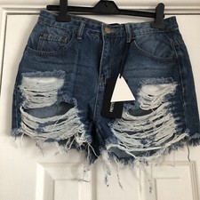 Ladies Denim Shorts mid wash extreme ripped distress mom shorts 10 Womens Blue