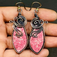 Natural Rhodonite Gemstone Copper Wire Wrapped Handcrafted Earrings 54x20mm