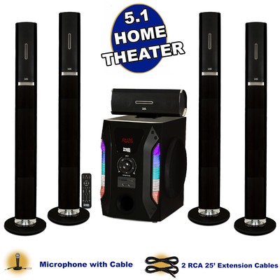Acoustic Audio Bluetooth Tower 5.1 Speaker System w/ Mic and 2 Extension Cables