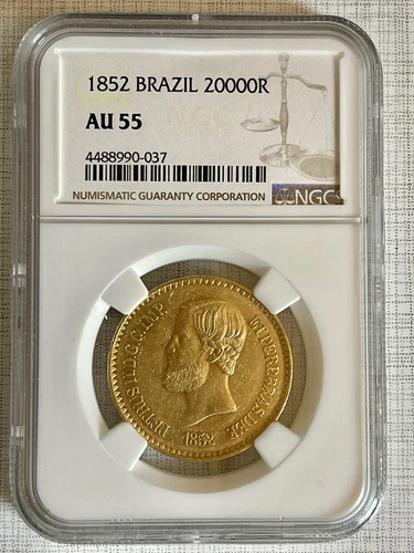 Brazil 1852 20000 Reis Gold NGC AU55 SKU# 6700