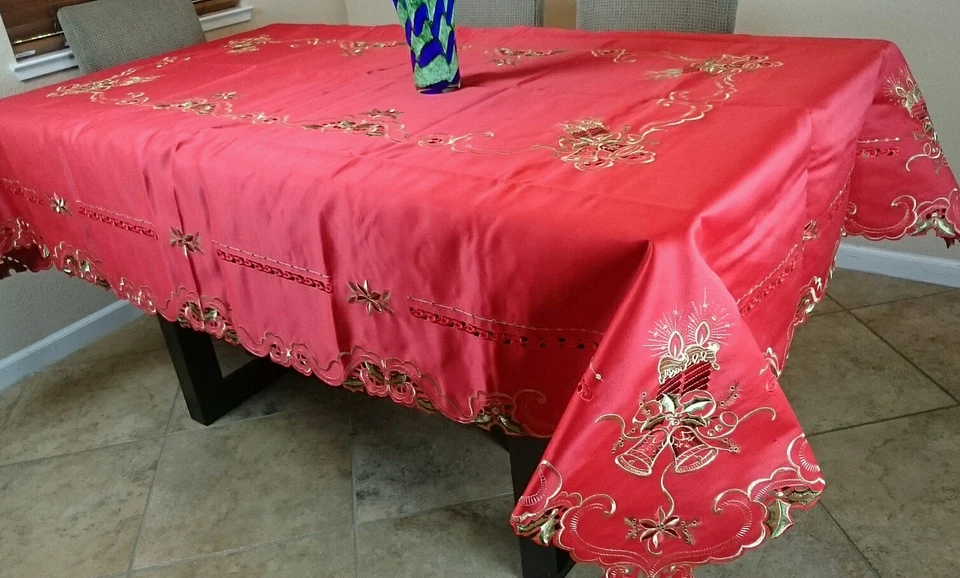 Poliéster 72x90" Rojo Vacaciones Navidad Vela Bordado Mantel Tela Satén Foto 3 de 4