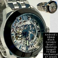 48mm Black CERAMIC Bezel | Mechanical Skeleton Silvertone Bracelet ANDROID Watch