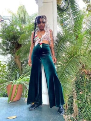 Elegant Womens Blue Velvet Palazzo Pants with Elastic Waist Comfortable  - Main Image