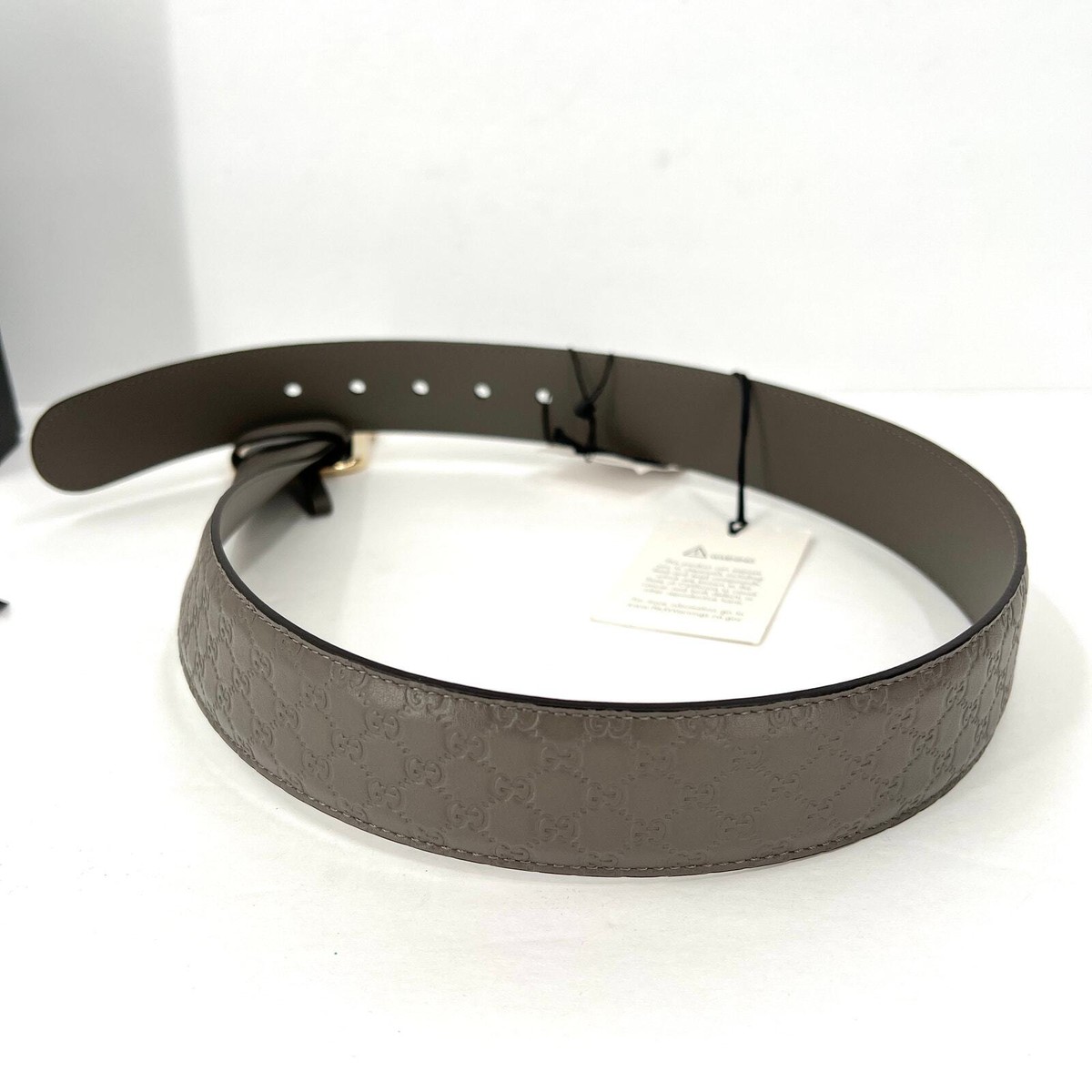 GUCCI Belt Womens 80 Gray Microguccisima GG Leather Gold 