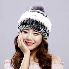 Women Real Rex Rabbit Fur Hats Winter Warm Beanie Cap With Silver Fox Fur Balls