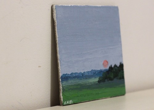 Stiller Abend Landschaft Original Ölgemälde 5x5 Purpur Sonnenuntergang handgemalt - Bild 8 von 17