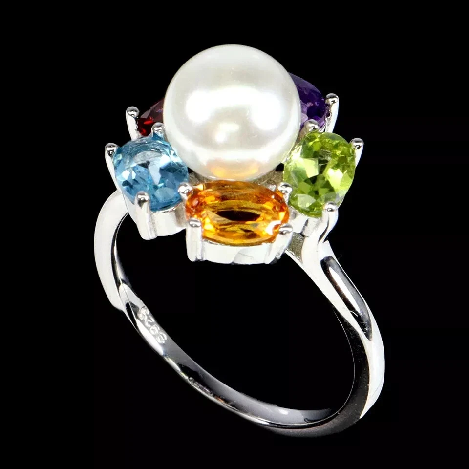 Anillo de Plata Perla Amatista Peridoto Gemas Genuinas Sólido Esterlina Talla O EE. UU. 7,25 Foto 3 de 4