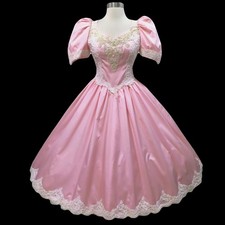 Vintage 80s Pink White Lace Dress Coquette Fairycore Full Skirt Prom Party XS
