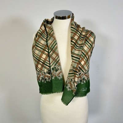 Cornelia James Vintage Fine Wool Scarf Green Check Floral Made in Italy 45x10.5