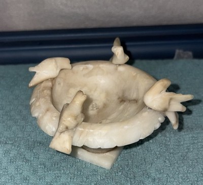Antique Italian Alabaster Bird Bath Tazza 3.5'' Bowl 4 Doves MCM Stone Sculpture 