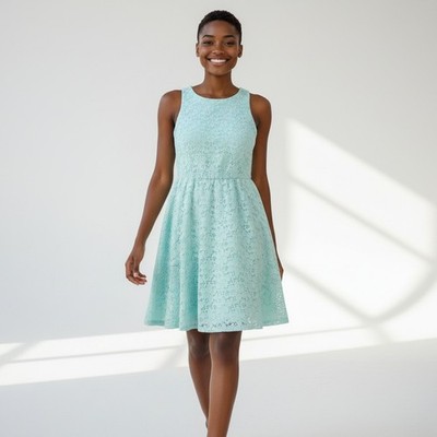 Cotton On dress Women M(C34)/teal/lace/lined/sleeveless/back oval+ button neck