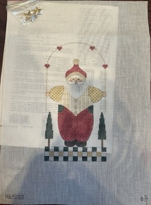 Santa Under Arch Hearts Hand Painted Needlepoint Canvas with Embellishments