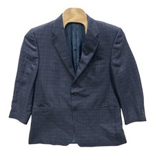 Hickey Freeman Sport Coat Jacket Blazer 46R Windowpane Blue Silk Wool Linen USA